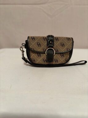 Dooney & Bourke Tan Monogram Wristlet with Black Trim